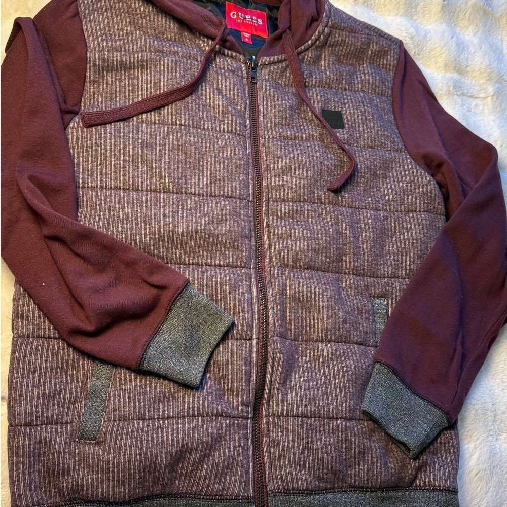 Guess Men's Maroon and Charcoal Zip-Up Sweater